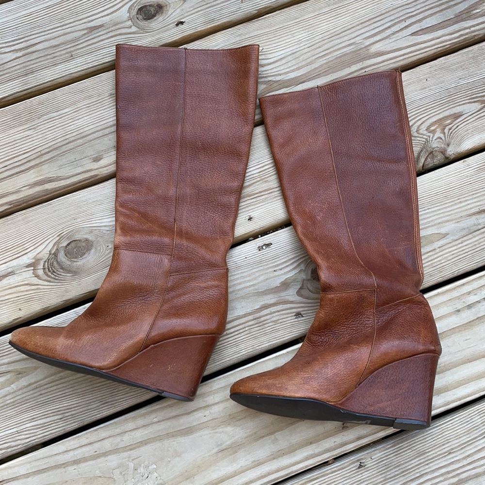 Steve Madden Knee High Cognac Leather "Smyrna" Wedge Boots Size 8.5